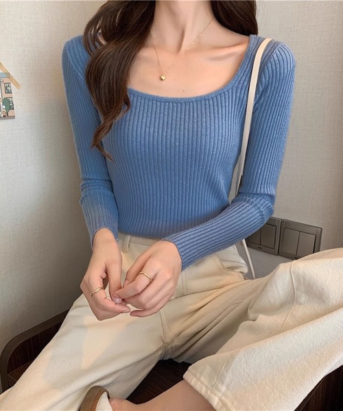VIBGYOR(ヴィブジョー)の「【EIZZ/アイズ】デコルテ 華奢見え スリム リブ ニット / タイトフィット トップス(ニット/セーター・レディース・ブラック/ブルー/アイボリー・FREE)」の14枚目の写真