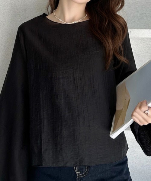 umune(ウムネ)の「シアーブラウス 楊柳 フレアスリーブ インナー付き キャミセット 長袖 シースルー 透け感 ゆったり 体型カバー 秋 冬(シャツ/ブラウス・レディース・アイボリー/ブラック/ブラウン/パープル・M/L)」の1枚目の写真