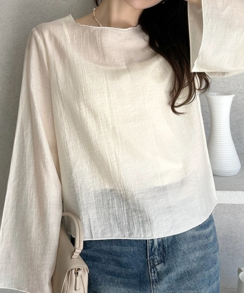 umune(ウムネ)の「シアーブラウス 楊柳 フレアスリーブ インナー付き キャミセット 長袖 シースルー 透け感 ゆったり 体型カバー 秋 冬(シャツ/ブラウス・レディース・アイボリー/ブラック/ブラウン/パープル・M/L)」の5枚目の写真