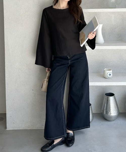 umune(ウムネ)の「シアーブラウス 楊柳 フレアスリーブ インナー付き キャミセット 長袖 シースルー 透け感 ゆったり 体型カバー 秋 冬(シャツ/ブラウス・レディース・アイボリー/ブラック/ブラウン/パープル・M/L)」の10枚目の写真