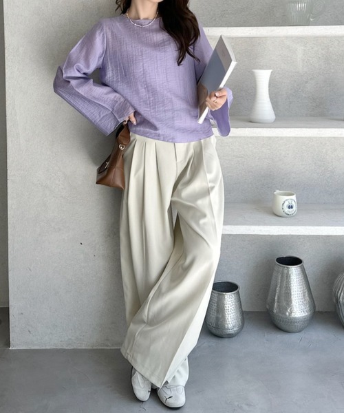 umune(ウムネ)の「シアーブラウス 楊柳 フレアスリーブ インナー付き キャミセット 長袖 シースルー 透け感 ゆったり 体型カバー 秋 冬(シャツ/ブラウス・レディース・アイボリー/ブラック/ブラウン/パープル・M/L)」の14枚目の写真