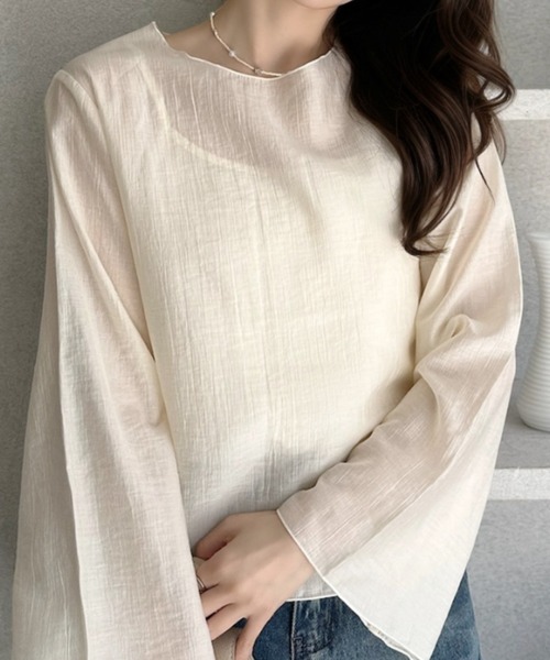 umune(ウムネ)の「シアーブラウス 楊柳 フレアスリーブ インナー付き キャミセット 長袖 シースルー 透け感 ゆったり 体型カバー 秋 冬(シャツ/ブラウス・レディース・アイボリー/ブラック/ブラウン/パープル・M/L)」の8枚目の写真