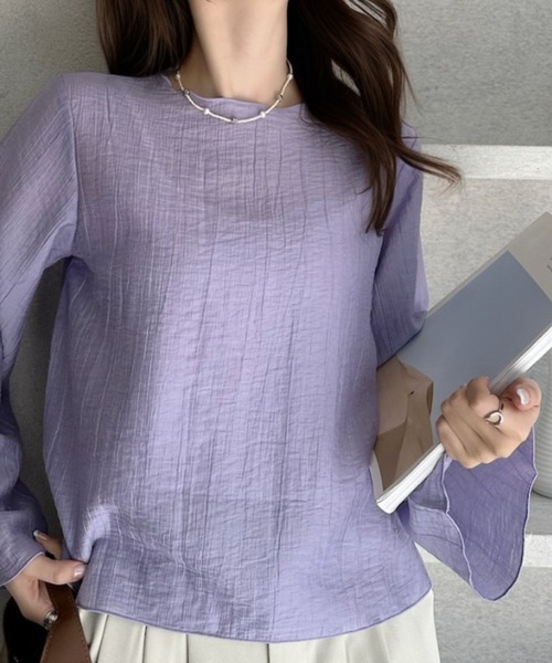 umune(ウムネ)の「シアーブラウス 楊柳 フレアスリーブ インナー付き キャミセット 長袖 シースルー 透け感 ゆったり 体型カバー 秋 冬(シャツ/ブラウス・レディース・アイボリー/ブラック/ブラウン/パープル・M/L)」の21枚目の写真