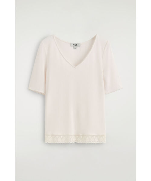 COS(コス)の「レーストリムリブVネックTシャツ(Tシャツ/カットソー・レディース・ホワイト系/ダークブラウン系1・XL/M/XS/L/S)」の13枚目の写真