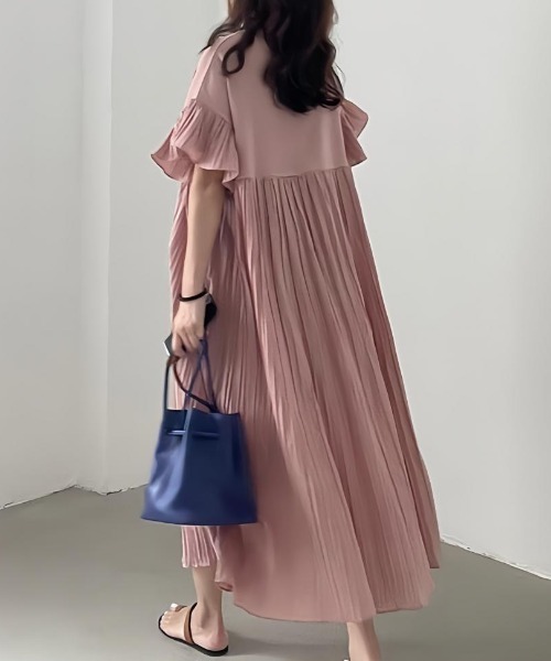 Maison Calme(メゾンカルム)の「【26年春夏新作】 2 色展開 フリル半袖切り替えプリーツマキシワンピース 丸首ゆったりロング丈 レディース春夏きれいめ 異素材ドッキングワンピ(ワンピース・レディース・ブラック/ピンク・F)」の19枚目の写真