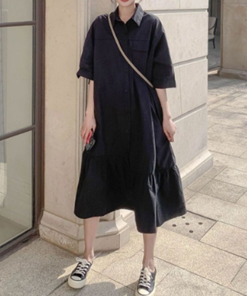 SallyLunn(サリーラン)の「【大人ナチュラル】切り替えギャザーシャツワンピース(シャツワンピース・レディース・ブラック/ベージュ・MEDIUM/LARGE)」の2枚目の写真