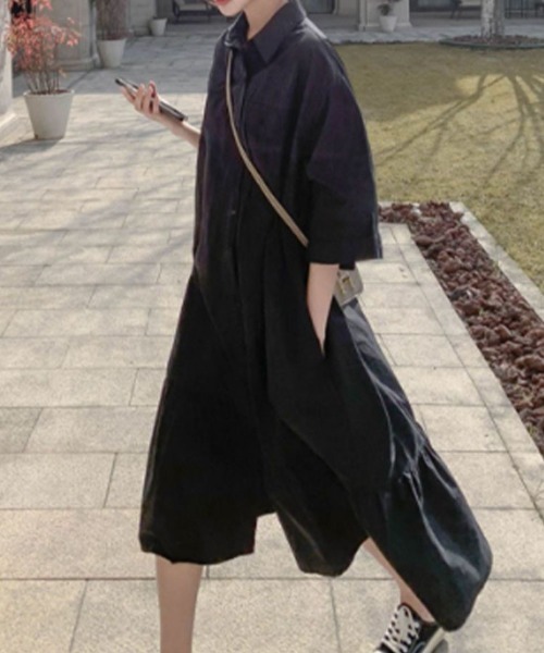 SallyLunn(サリーラン)の「【大人ナチュラル】切り替えギャザーシャツワンピース(シャツワンピース・レディース・ブラック/ベージュ・MEDIUM/LARGE)」の4枚目の写真