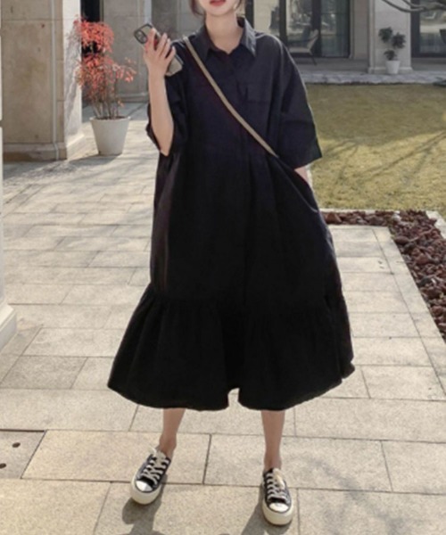 SallyLunn(サリーラン)の「【大人ナチュラル】切り替えギャザーシャツワンピース(シャツワンピース・レディース・ブラック/ベージュ・MEDIUM/LARGE)」の3枚目の写真