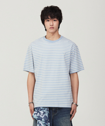 マルチストライプワッペン半袖Tシャツブルー