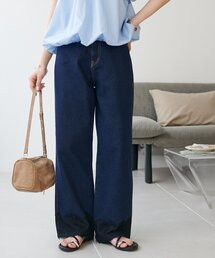 ライトオンス裾レースデニムストレートパンツ
