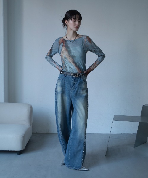 VACANCY(ヴァカンシー)の「スタッズラインワイドデニム(デニムパンツ・レディース・ブルー・LARGE/MEDIUM/SMALL)」の9枚目の写真
