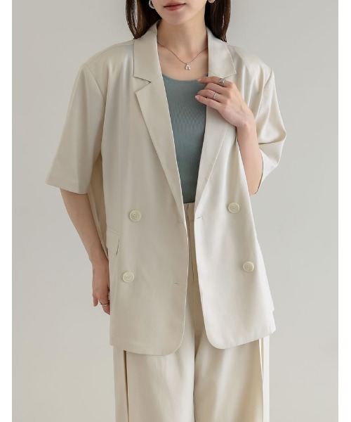 Re:EDIT（リエディ）の「[2026 SUMMER COLLECTION]リネンライクハーフスリーブダブルテーラードジャケット（テーラードジャケット・レディース・ブラック/アイボリー系/チャコールグレー/ブルー/ベージュ/ブラウン/グリーン・MEDIUM/LARGE）」の5枚目の写真