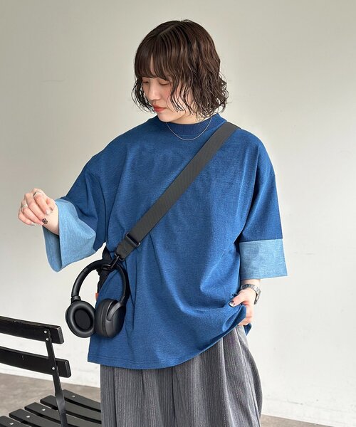 CPCM(シーピーシーエム)の「カットデニム袖配色T(Tシャツ/カットソー・レディース・ブルー/ブラック/ネイビー・MEDIUM/LARGE)」の3枚目の写真