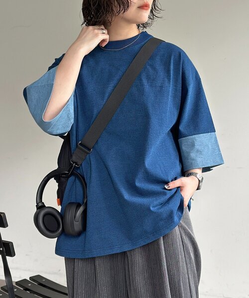 CPCM(シーピーシーエム)の「カットデニム袖配色T(Tシャツ/カットソー・レディース・ブルー/ブラック/ネイビー・MEDIUM/LARGE)」の13枚目の写真