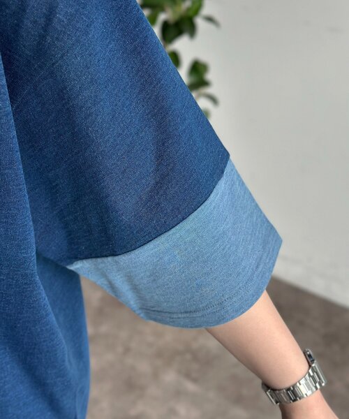 CPCM(シーピーシーエム)の「カットデニム袖配色T(Tシャツ/カットソー・レディース・ブルー/ブラック/ネイビー・MEDIUM/LARGE)」の15枚目の写真