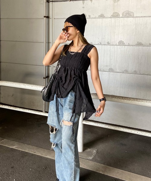 non-hedge(ノンヘッジ)の「ダメージドロストイレギュラーヘムキャミソール(Tシャツ/カットソー・レディース・アイボリー/ブラック/グレー/ベージュ・FREE)」の6枚目の写真