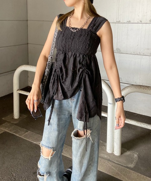non-hedge(ノンヘッジ)の「ダメージドロストイレギュラーヘムキャミソール(Tシャツ/カットソー・レディース・アイボリー/ブラック/グレー/ベージュ・FREE)」の7枚目の写真