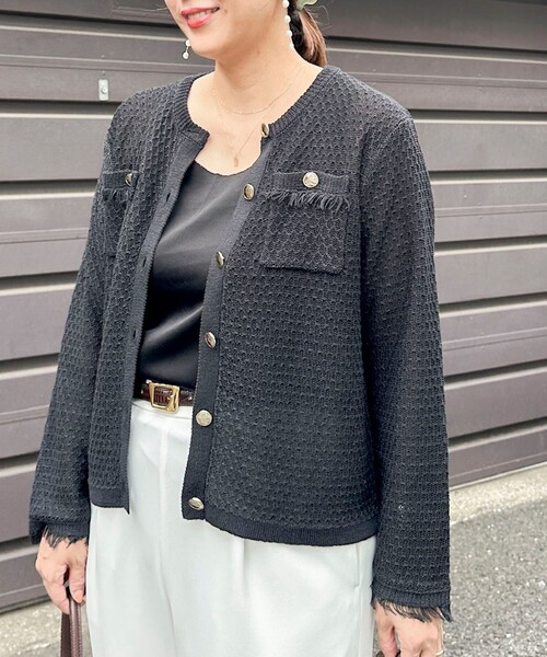NOLLEY’S Sophi（ノーリーズソフィ）の「GIMAメッシュカーディガンジャケット（ノーカラージャケット・レディース・オフホワイト/ブラック・38）」の2枚目の写真