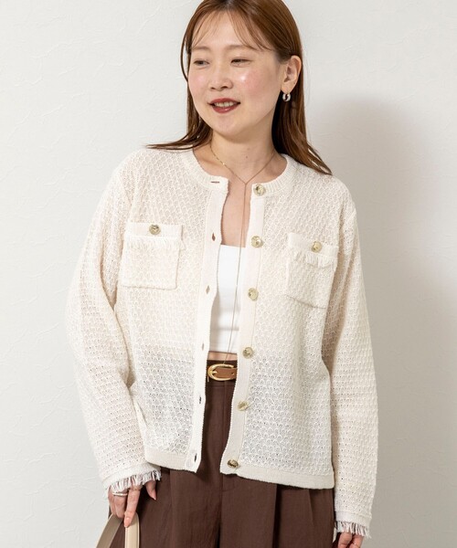 NOLLEY’S Sophi(ノーリーズソフィ)の「GIMAメッシュカーディガンジャケット(ノーカラージャケット・レディース・オフホワイト/ブラック・38)」の14枚目の写真