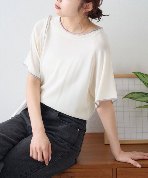 CIAOPANIC TYPY(チャオパニックティピー)の「【接触冷感/二の腕カバーも叶う◎】配色ラグラン半袖ニットTee(ニット/セーター・レディース・レッド/ブラウン/ホワイト/サックスブルー/ブラック/グレー・ONE SIZE)」の1枚目の写真