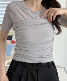 Tシャツ 半袖 ヘンリーネック ビスチェ風 レイヤード風 ドッキング ギャザー シャーリング デザインTシャツ トップス 夏