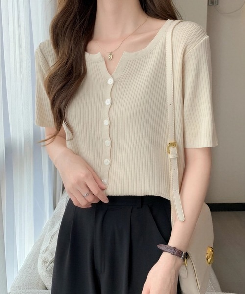 yuue' ( wear )(ユーイ)の「サマーニット半袖リブカーディガン(カーディガン/ボレロ・レディース・ブラック/ピンク/アイボリー/ホワイト・FREE)」の2枚目の写真