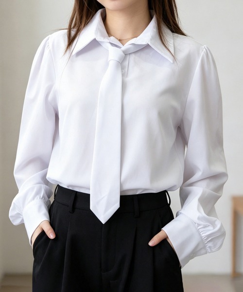 Miniministore(ミニミニストア)の「ネクタイ付きシャツブラウスレディース長袖(シャツ/ブラウス・レディース・ベージュ/ブラック/ホワイト・L/M)」の1枚目の写真