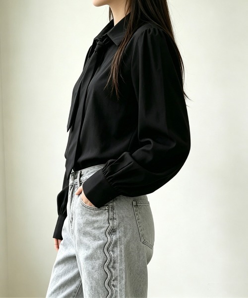 Miniministore(ミニミニストア)の「ネクタイ付きシャツブラウスレディース長袖(シャツ/ブラウス・レディース・ベージュ/ブラック/ホワイト・L/M)」の4枚目の写真