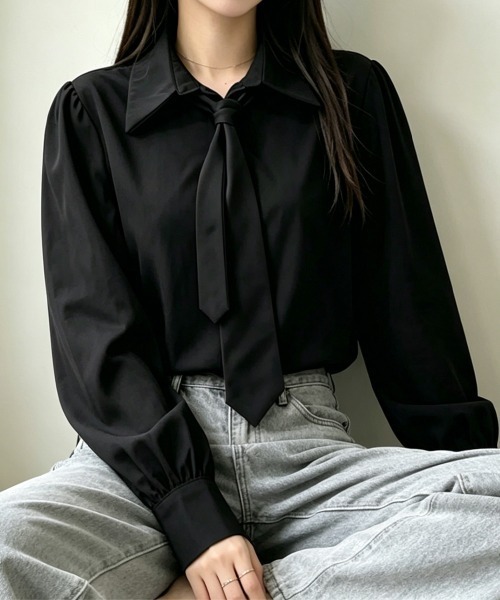 Miniministore(ミニミニストア)の「ネクタイ付きシャツブラウスレディース長袖(シャツ/ブラウス・レディース・ベージュ/ブラック/ホワイト・L/M)」の5枚目の写真