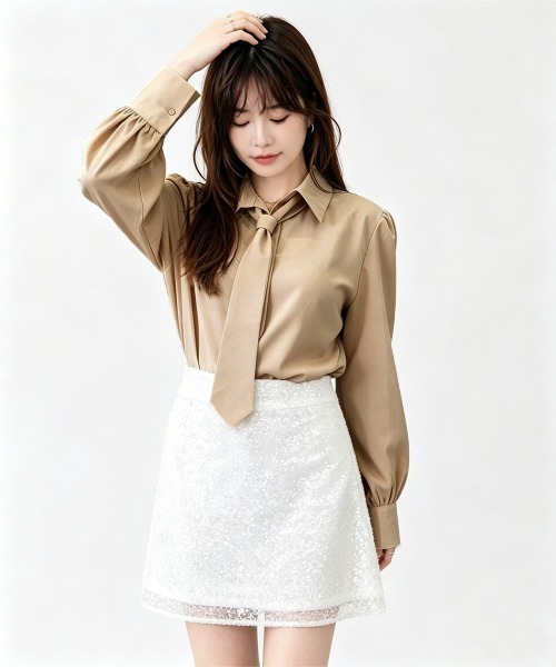 Miniministore(ミニミニストア)の「ネクタイ付きシャツブラウスレディース長袖(シャツ/ブラウス・レディース・ベージュ/ブラック/ホワイト・L/M)」の6枚目の写真