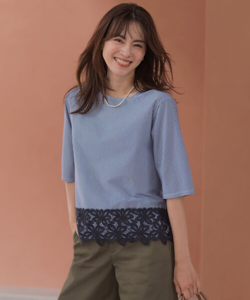 J.PRESS（ジェイプレス）の「【一枚で着映え】ストライプレース クルーネック カットソー（Tシャツ/カットソー・レディース・ネイビー系1/ベージュ系1/ブラウン系1・MEDIUM/LARGE）」の3枚目の写真