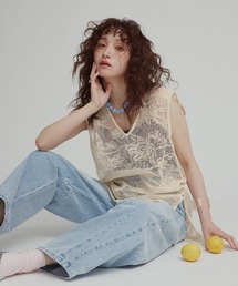 【W:Huku / メッシュ エンブロイダリー】ノースリーブ シアートップス / Mesh Embroidered Sleeveless Top