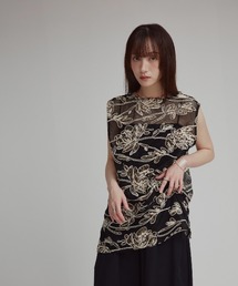 【W:Huku / メッシュ エンブロイダリー】ノースリーブ シアートップス / Mesh Embroidered Sleeveless Top