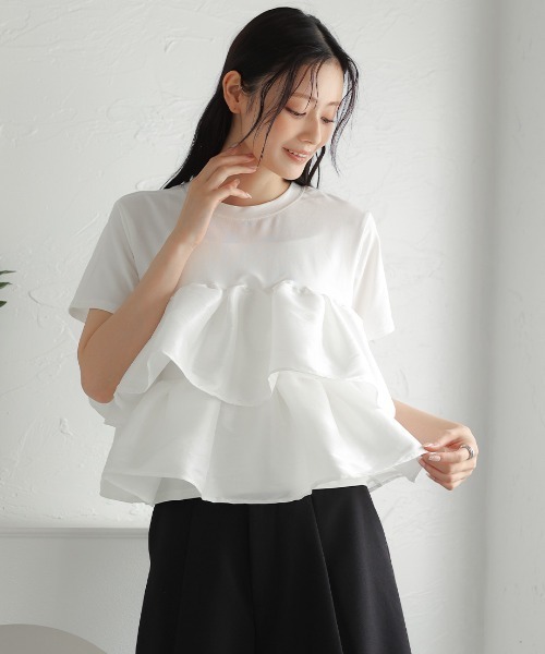 Nulli(ヌリ)の「シャイニーフリルトップス(Tシャツ/カットソー・レディース・ブラック/オフホワイト・FREE)」の6枚目の写真