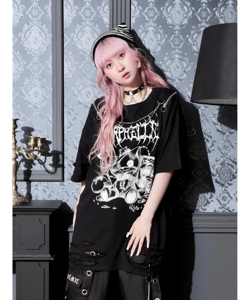 NOEMIE（ノエミー）の「鉄線チェーンねこダメージユニセックスTシャツ（Tシャツ/カットソー・レディース・オフホワイト/ブラック/ブルー系その他・M）」の2枚目の写真