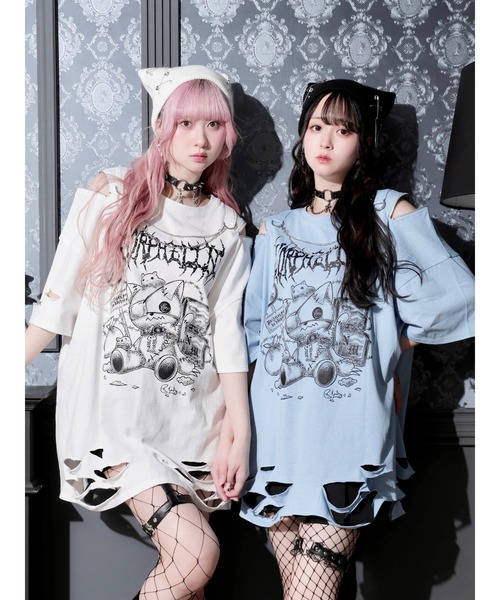 NOEMIE（ノエミー）の「鉄線チェーンねこダメージユニセックスTシャツ（Tシャツ/カットソー・レディース・オフホワイト/ブラック/ブルー系その他・M）」の4枚目の写真