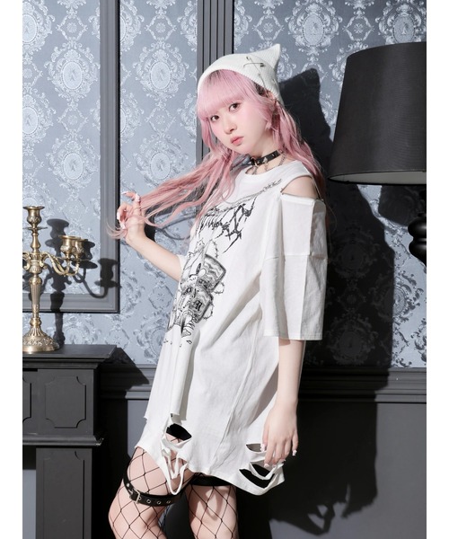 NOEMIE（ノエミー）の「鉄線チェーンねこダメージユニセックスTシャツ（Tシャツ/カットソー・レディース・オフホワイト/ブラック/ブルー系その他・M）」の5枚目の写真