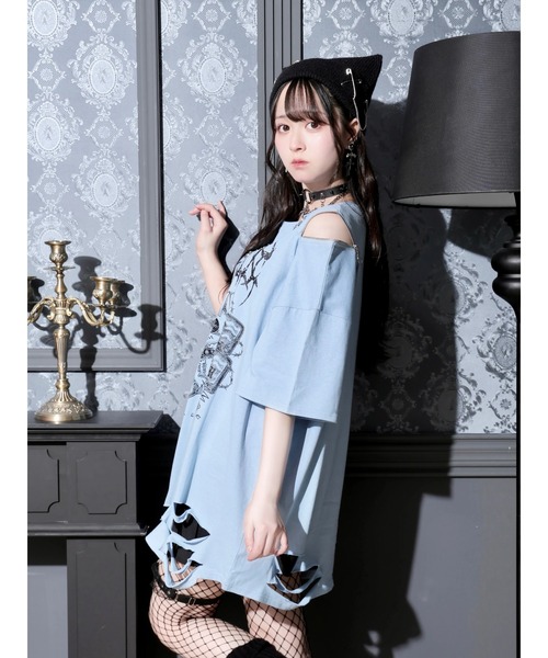 NOEMIE（ノエミー）の「鉄線チェーンねこダメージユニセックスTシャツ（Tシャツ/カットソー・レディース・オフホワイト/ブラック/ブルー系その他・M）」の8枚目の写真