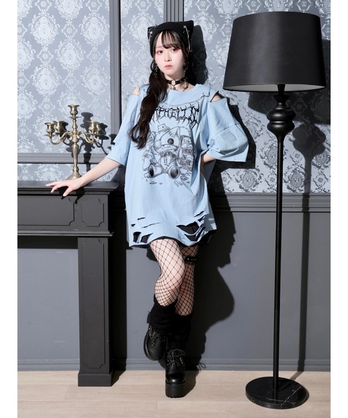 NOEMIE（ノエミー）の「鉄線チェーンねこダメージユニセックスTシャツ（Tシャツ/カットソー・レディース・オフホワイト/ブラック/ブルー系その他・M）」の10枚目の写真