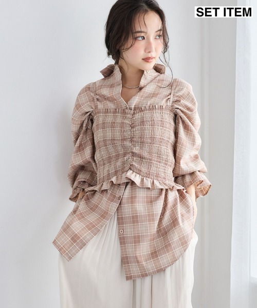 mysty woman(ミスティウーマン)の「2Pチェック柄シャツ長袖 1055370(シャツ/ブラウス・レディース・ベージュ/ワインレッド/ブラック・FREE)」の3枚目の写真