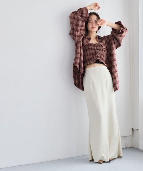 mysty woman(ミスティウーマン)の「2Pチェック柄シャツ長袖 1055370(シャツ/ブラウス・レディース・ベージュ/ワインレッド/ブラック・FREE)」の7枚目の写真