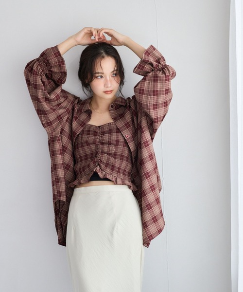 mysty woman(ミスティウーマン)の「2Pチェック柄シャツ長袖 1055370(シャツ/ブラウス・レディース・ベージュ/ワインレッド/ブラック・FREE)」の8枚目の写真