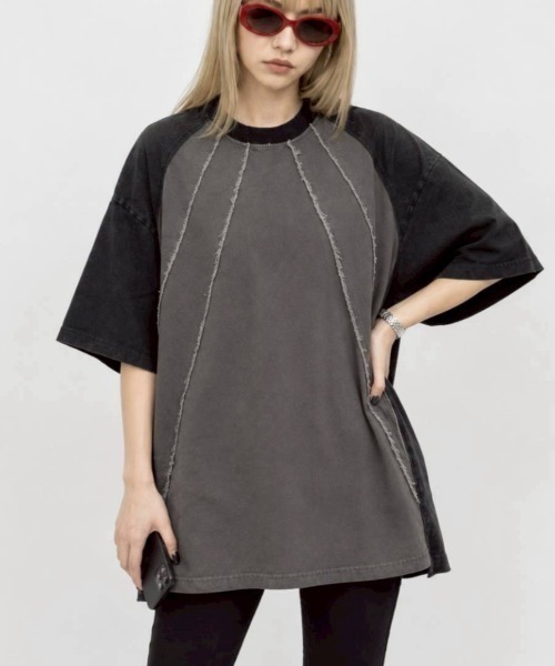 KAMINARI_TOKIO(カミナリトキオ)の「ヴィンテージ切替リメイク風Tシャツ(Tシャツ/カットソー・レディース・ブラック/ブラウン・FREE)」の1枚目の写真