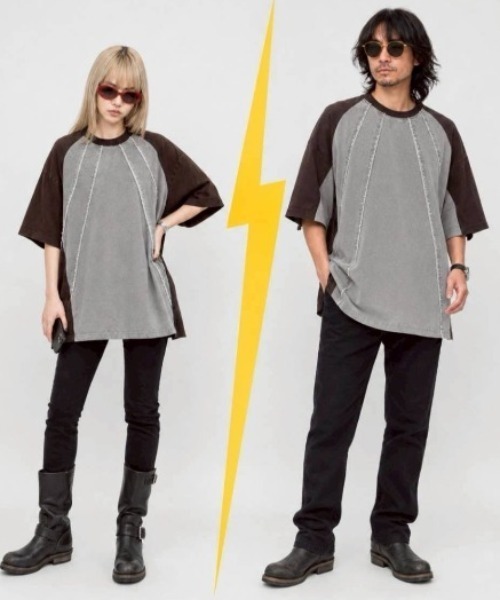 KAMINARI_TOKIO(カミナリトキオ)の「ヴィンテージ切替リメイク風Tシャツ(Tシャツ/カットソー・レディース・ブラック/ブラウン・FREE)」の3枚目の写真
