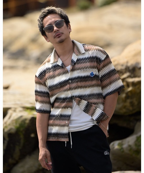 #Re:room(リルーム)の「ジグザグパターンメッシュオープンカラーシャツ(シャツ/ブラウス・メンズ・ベージュ/ブラック/ブラウン・M-L/S-M)」の15枚目の写真