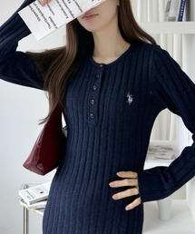 【Ada.別注 U.S. POLO ASSN.】 ヘンリーネック リブ ニット フレア ロングワンピース