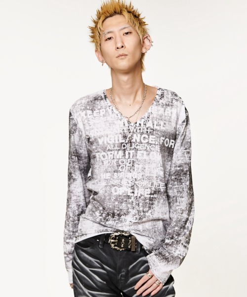 FUGA/フーガ』全面プリントVネックL/S Tee/ロングスリーブカットソー