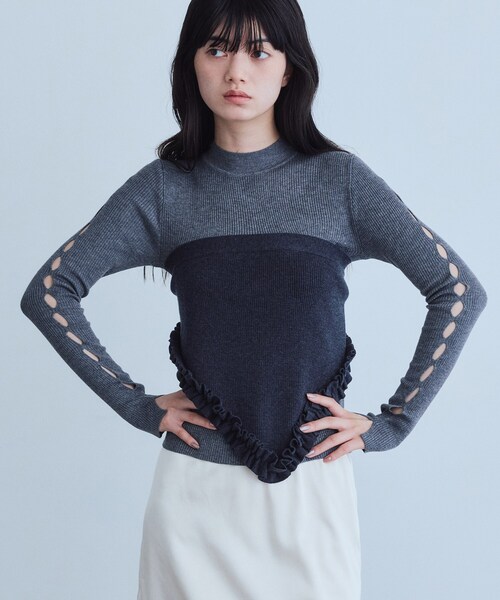 CODE A(コードエー)の「cut-out sleeve knit top(ニット/セーター・レディース・ライトグリーン/オフホワイト/グレー・00)」の8枚目の写真