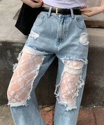 ダメージレースデニムパンツ