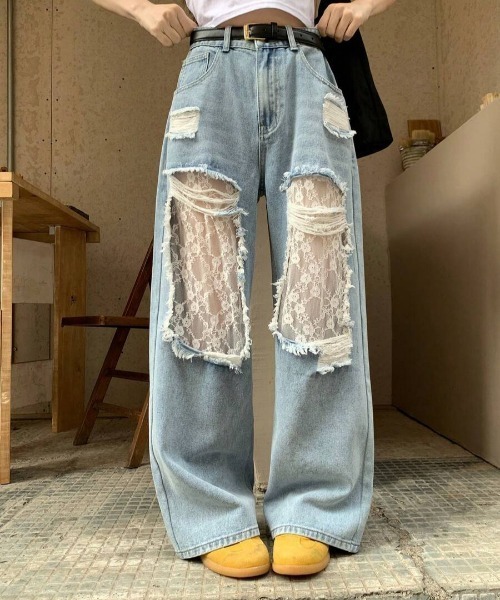 Feliz(フェリス)の「ダメージレースデニムパンツ(デニムパンツ・レディース・ライトブルー・FREE)」の9枚目の写真